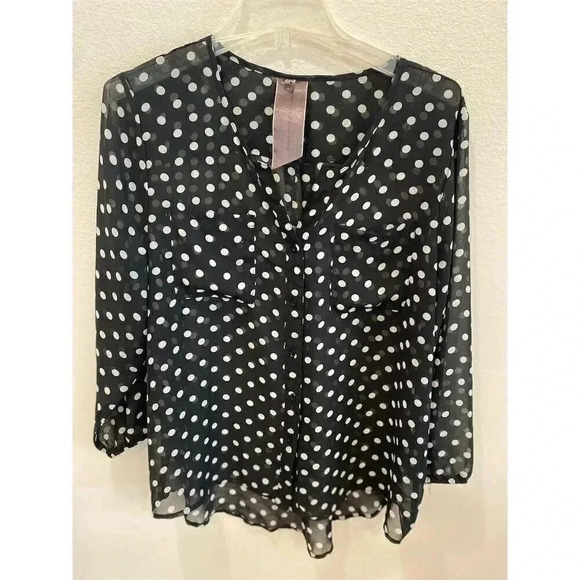 Moon Collection Women's 1X Sheer Black Polka Dot High Low Blouse - Picture 1 of 5